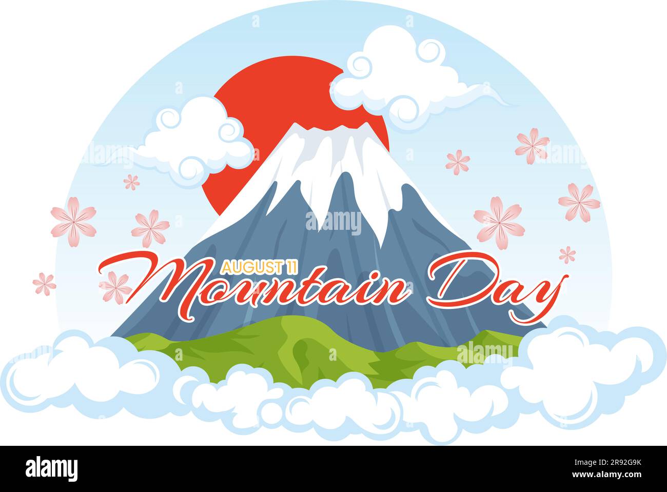 Día de la montaña en Japón ilustración vectorial el 11 de agosto con el Monte Fuji y el fondo de la flor de Sakura en plantillas planas dibujadas a mano de dibujos animados Ilustración del Vector