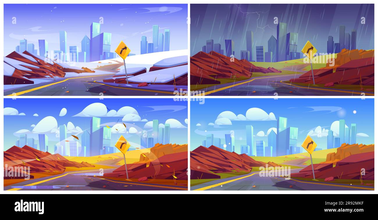 Conjunto de cuatro estaciones de la carretera a la ciudad moderna. Ilustración de dibujos animados de vector de perspectiva de carretera en otoño, invierno, primavera, verano, paisaje urbano con nieve, follaje amarillo, hierba verde, clima lluvioso en el horizonte Ilustración del Vector