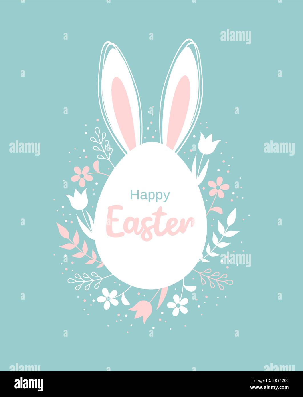 Tarjeta de felicitación de Pascua. Huevo con orejas de conejo, borde floral alrededor y tipografía en el interior sobre un fondo verde pastel. Ilustración vectorial plana Ilustración del Vector