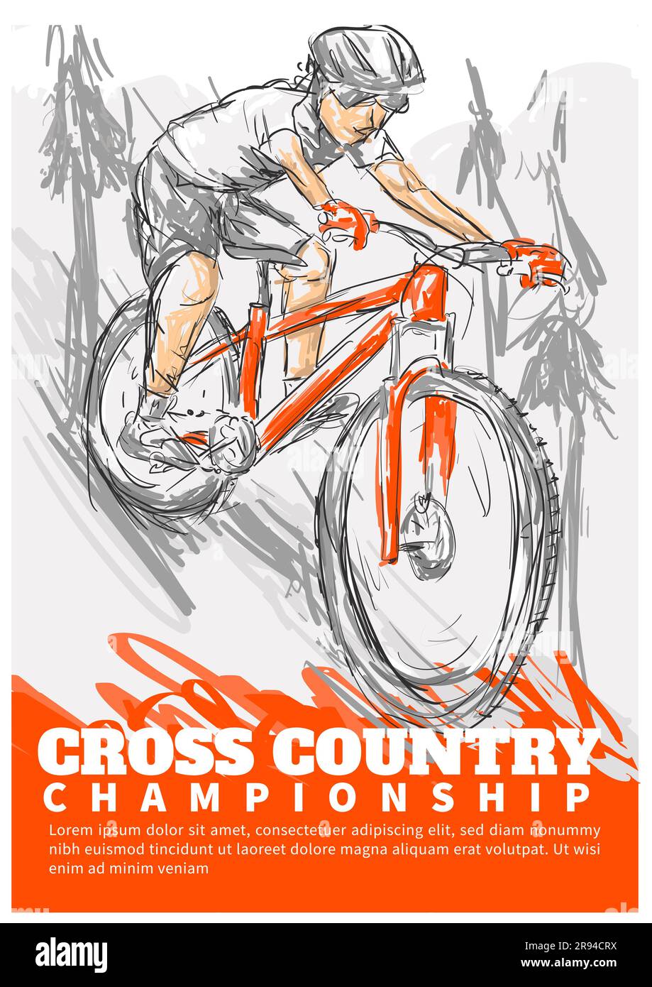 cartel de evento de campo traviesa. ciclista recorriendo el parque. áspero dibujado a mano estilo ilustración vectorial Ilustración del Vector