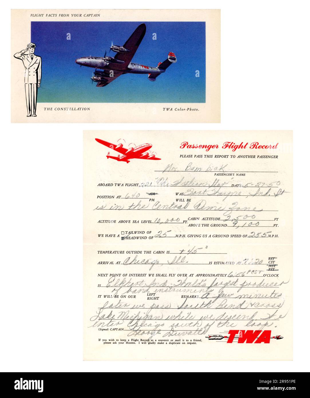 Vintage TWA tarjeta postal / registro de vuelo de pasajeros, 1950, EE.UU Foto de stock