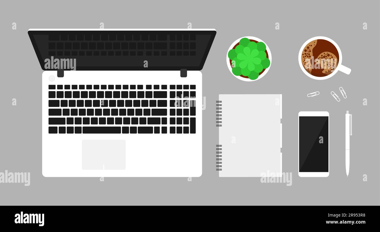 Lugar de trabajo con ordenador portátil, portátil, teléfono, bolígrafo, taza de café y maceta en una mesa gris. Vista superior. Ilustración vectorial plana Ilustración del Vector