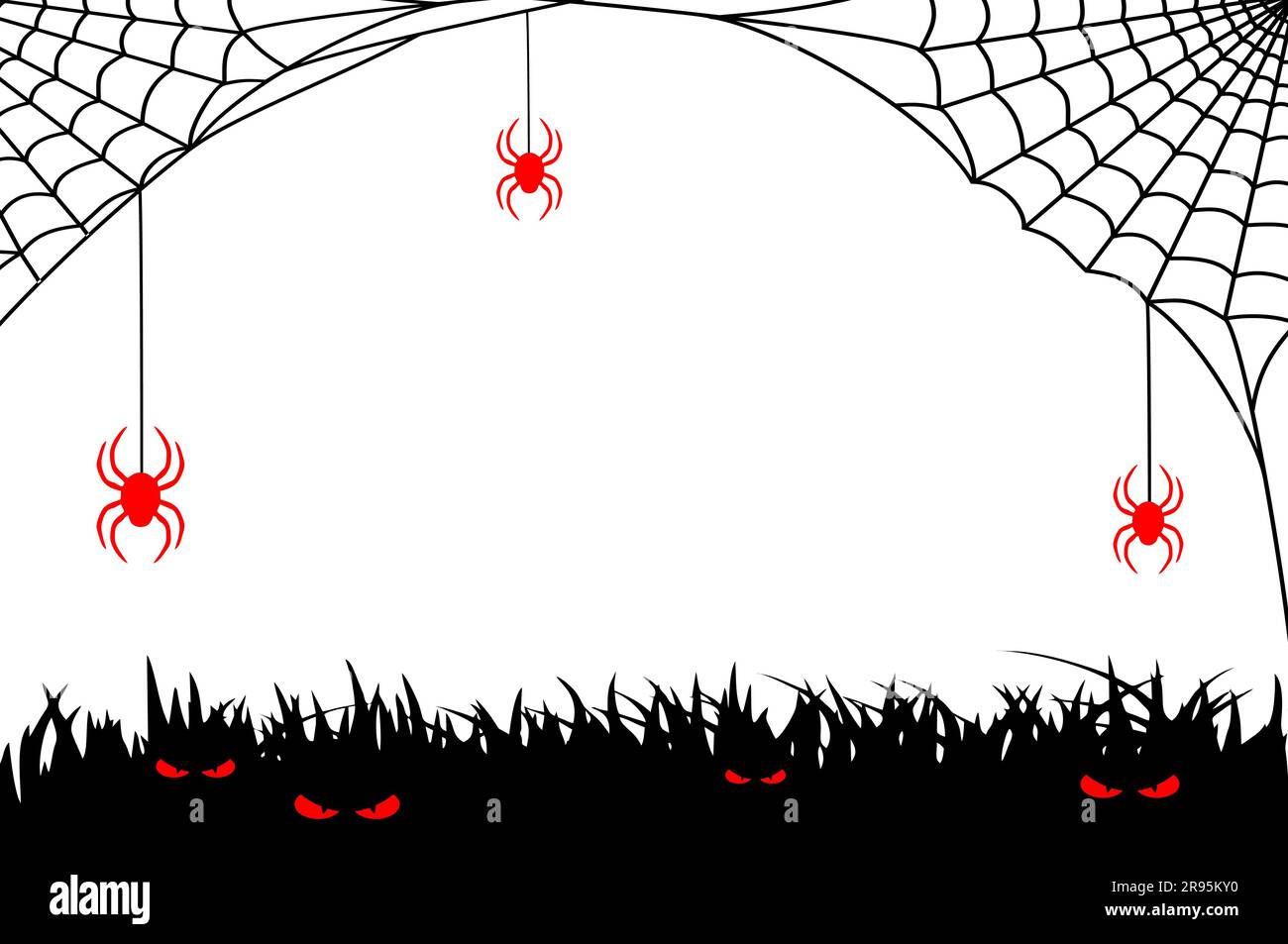 Ilustración de Halloween en negro, blanco y rojo con telaraña, arañas y malos ojos en la hierba. Fondo de Halloween con espacio de copia Ilustración del Vector