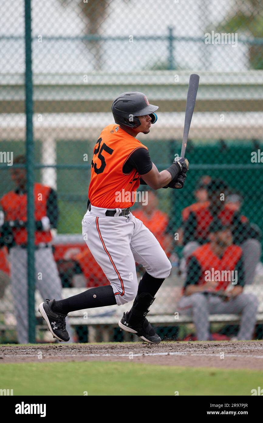 FCL Orioles Braylin Tavera (25) hits a single during an MiLB Florida