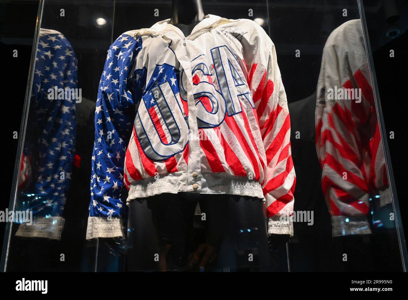 Photo by: NDZ/STAR MAX/IPx 2023 6/24/23 Michael Jordan 1992 Summer Olympics  'Dream Team' Gold Medal Ceremony Worn & Signed Reebok Jacket (estimate $1-3  million USD) on display as part of 'The Dream