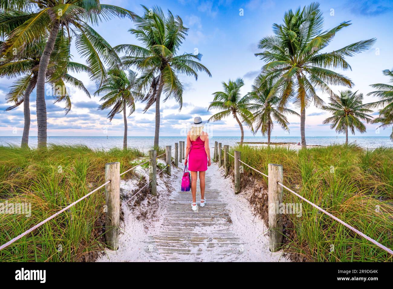 Smathers Beach, Sunrise bellamente enmarcado por palmeras Key West, Florida, Estados Unidos Foto de stock