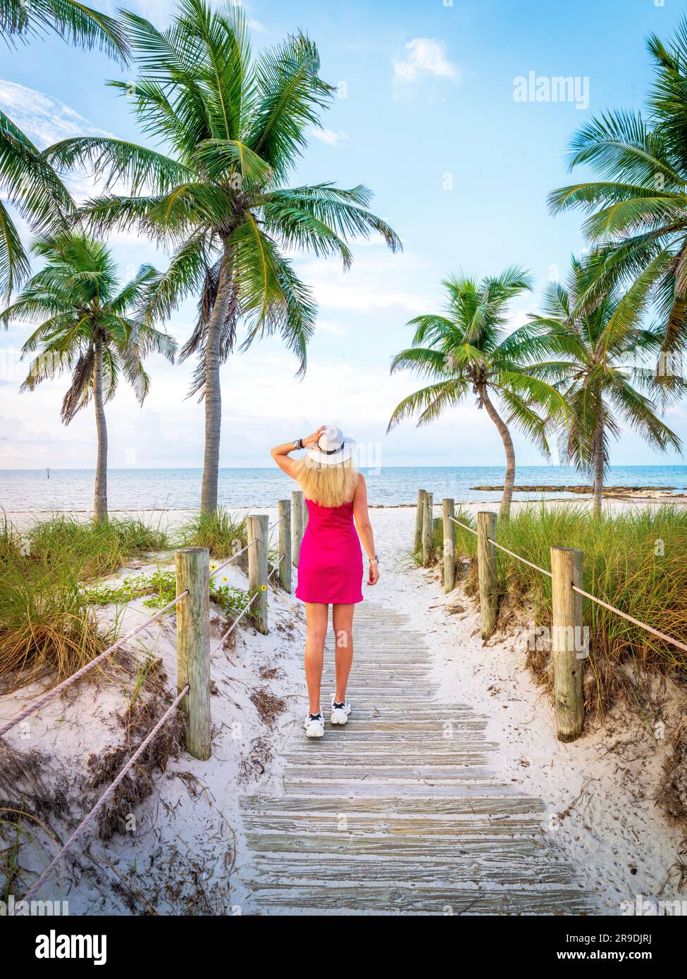 Smathers Beach, Sunrise bellamente enmarcado por palmeras Key West, Florida, Estados Unidos Foto de stock