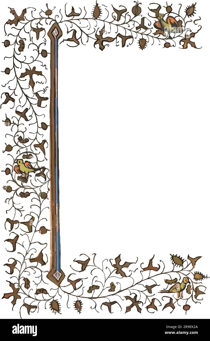 Vector de una frontera medieval iluminada estilo manuscrito, tres pájaros en vides de flores Ilustración del Vector