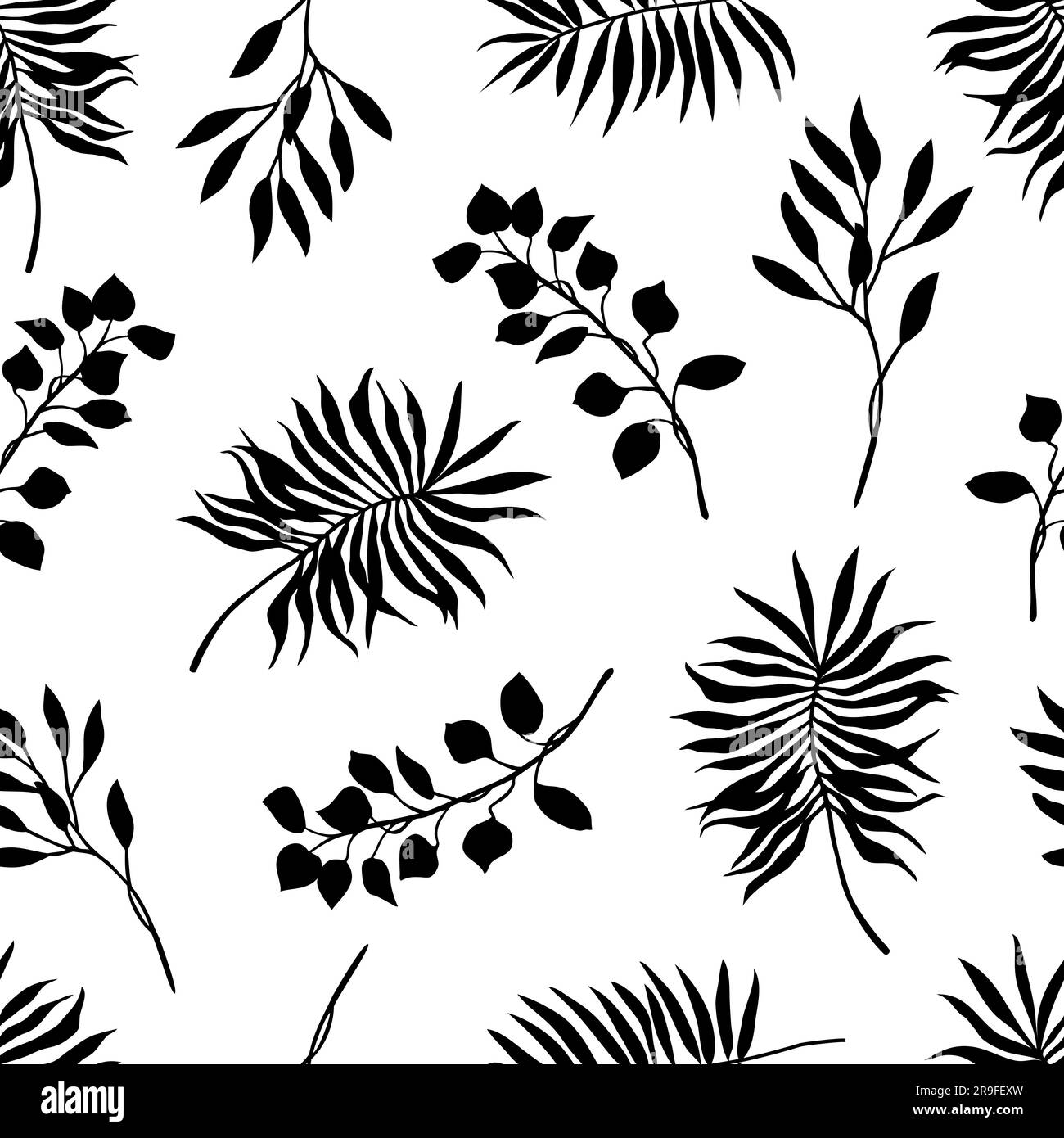 Vector boho patrón sin fisuras tropical blanco y negro con hojas de palma, plantas. Fondo contemporáneo estético moderno en estilo de mediados de siglo para fash Ilustración del Vector