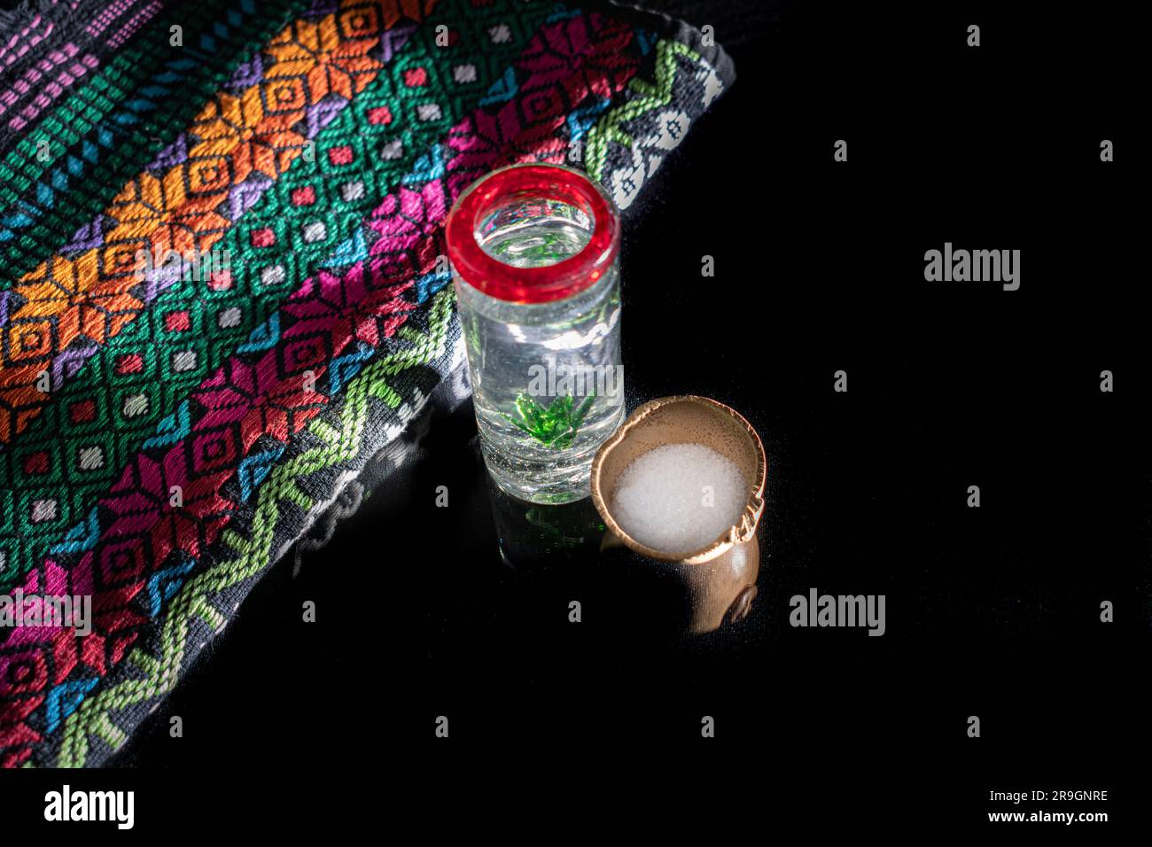 Fotografía de estudio de un tiro de tequila adornado con un maguey en el interior y el borde rojo, junto a un tazón con sal y una tela mexicana bordada a mano. bac negro Foto de stock