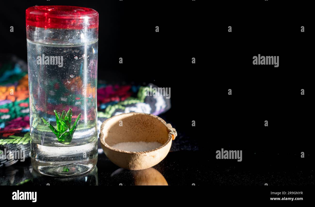 Fotografía de estudio de un tiro de tequila adornado con un maguey en el interior y el borde rojo, junto a un tazón con sal y una tela mexicana bordada a mano. bac negro Foto de stock