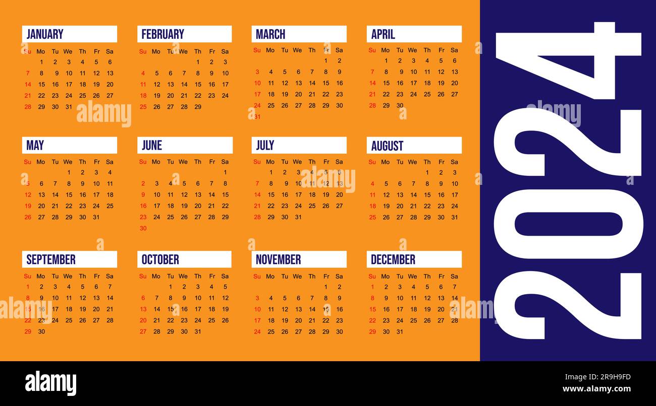 Vector de plantilla de calendario 2024, diseño mínimo simple