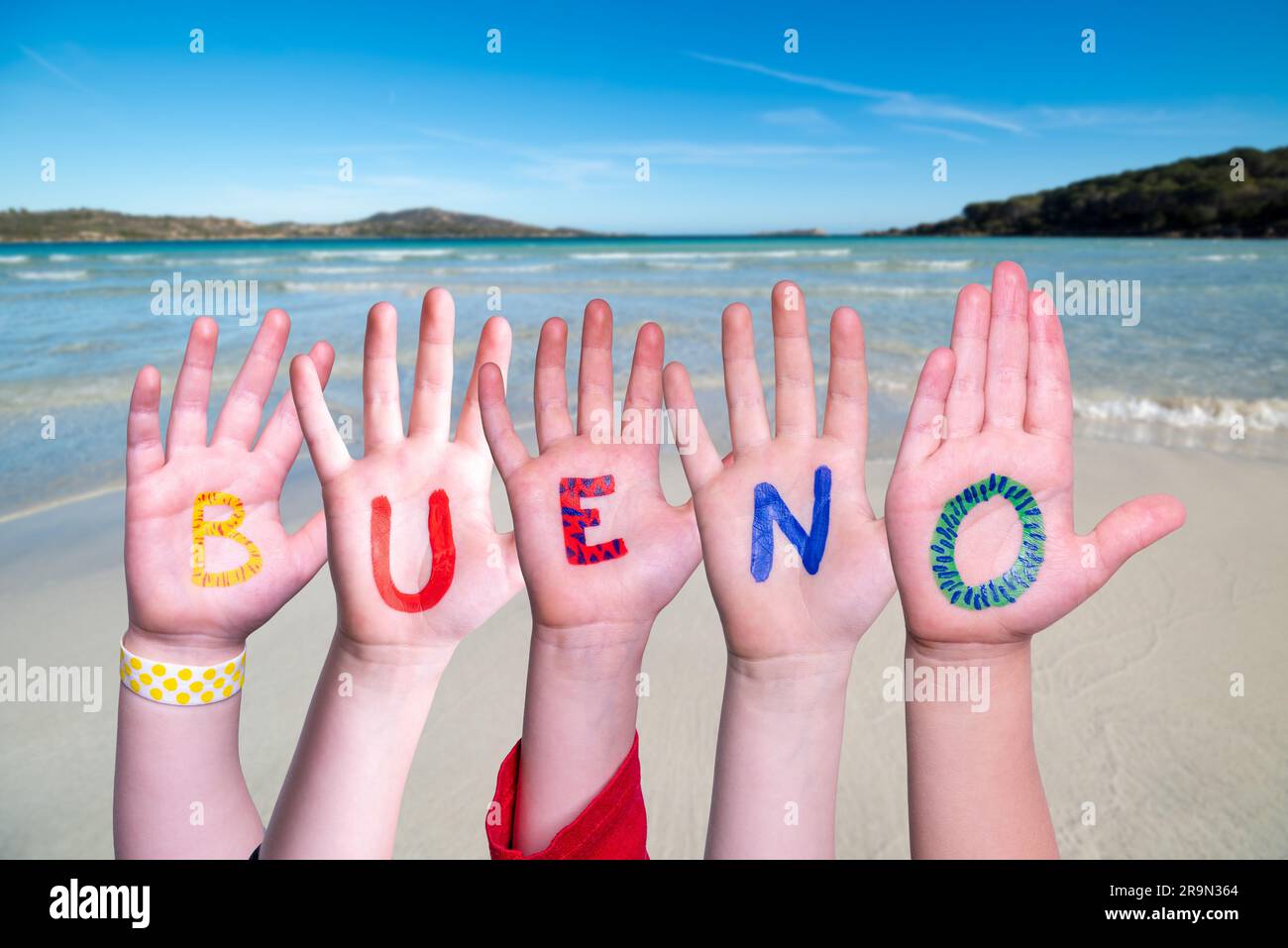 Manos de los niños Construir colorido español Palabra Bueno significa