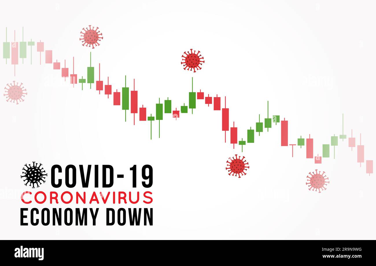 Ilustración del concepto vectorial del impacto del coronavirus en la bolsa de valores y la economía global. El virus COVID-19 provoca la caída del mercado. Fondo con Ilustración del Vector