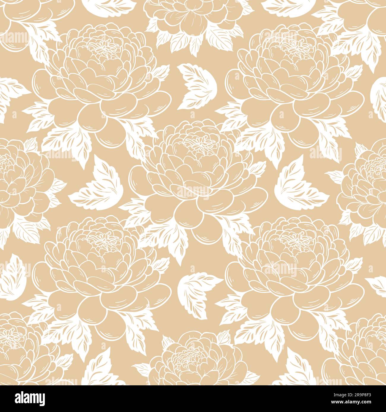 Peonías blancas sobre fondo beige grabadas a mano. Diseño floral sin costuras. Impresión de flores monocromas para textiles, fondos de pantalla, envases, papel, vector Ilustración del Vector