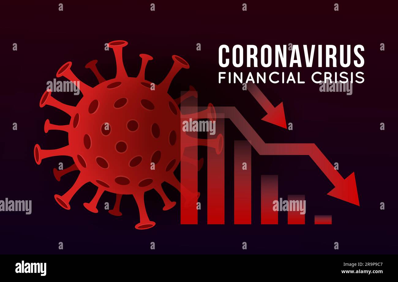 Ilustración del concepto vectorial del impacto del coronavirus en la bolsa de valores y la economía global. El virus COVID-19 provoca la caída del mercado. Fondo con Ilustración del Vector