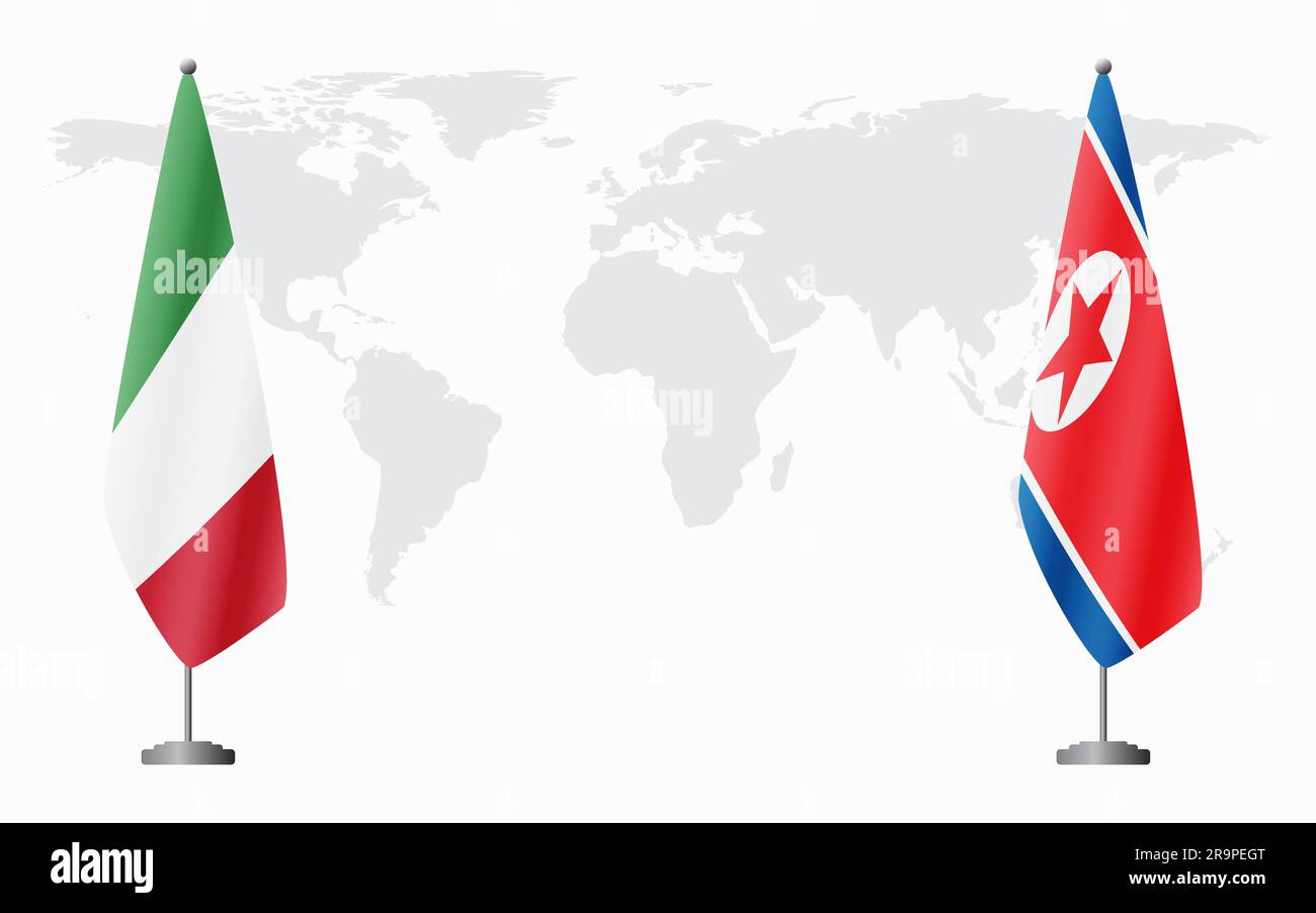Italia y Corea del Norte banderas para la reunión oficial en el contexto del mapa del mundo. Ilustración del Vector