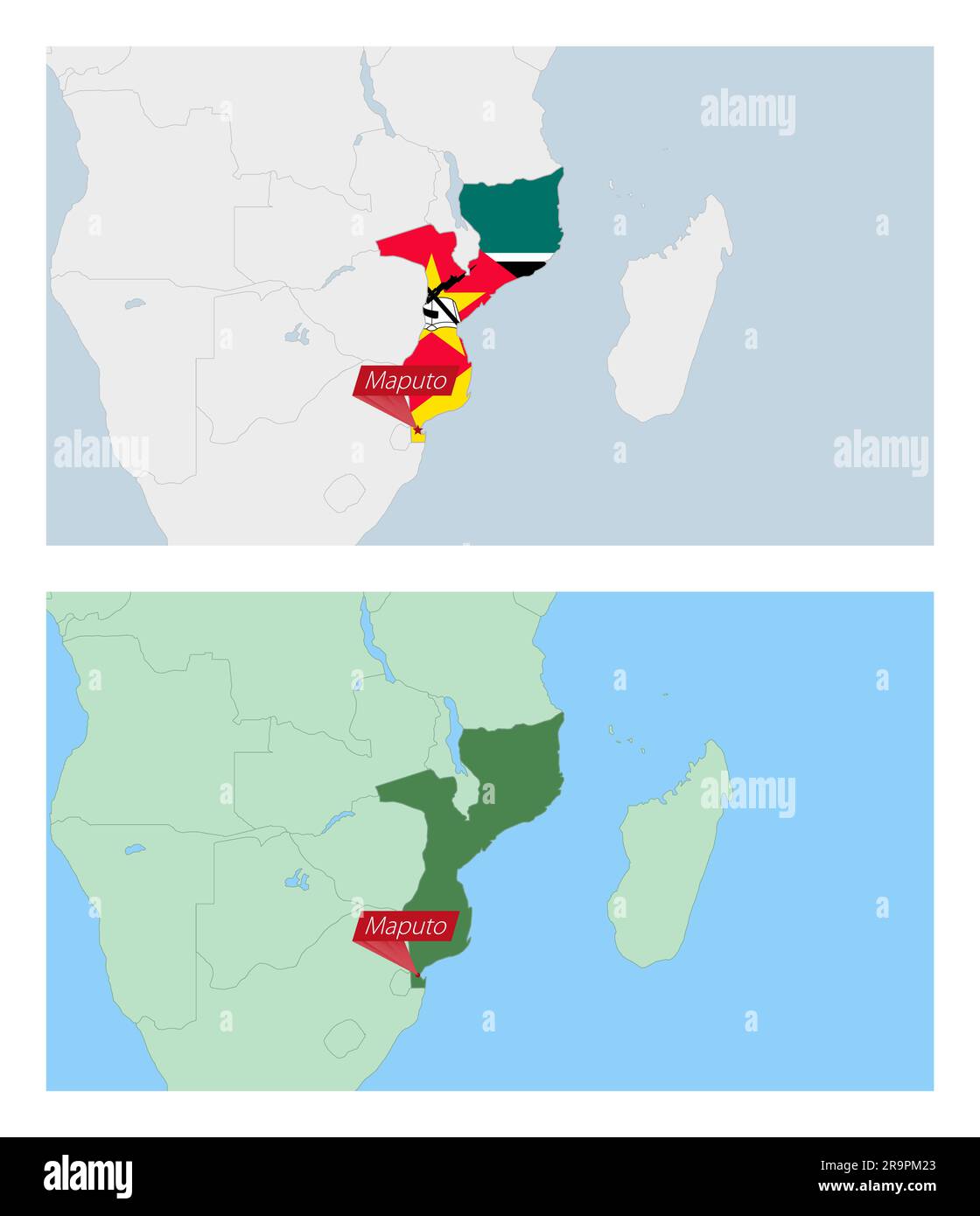 Mapa de Mozambique con pin de capital del país. Dos tipos de mapa de Mozambique con los países vecinos. Plantilla de vector. Ilustración del Vector