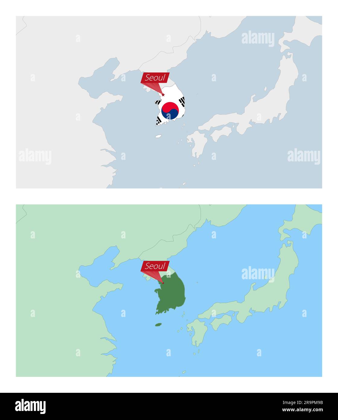 Mapa de Corea del Sur con pin de capital del país. Dos tipos de mapa de