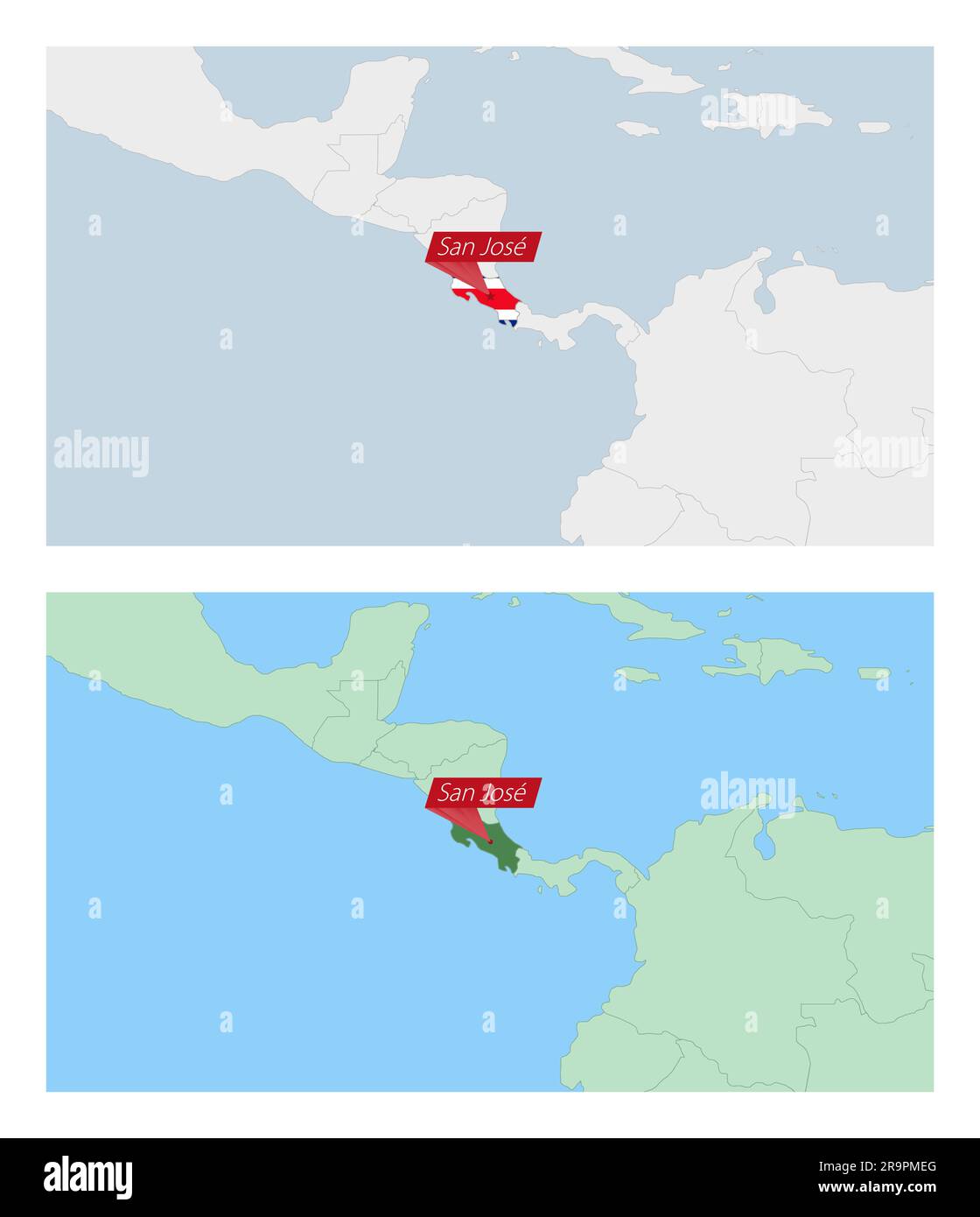 Mapa de Costa Rica con pin de capital del país. Dos tipos de mapa de
