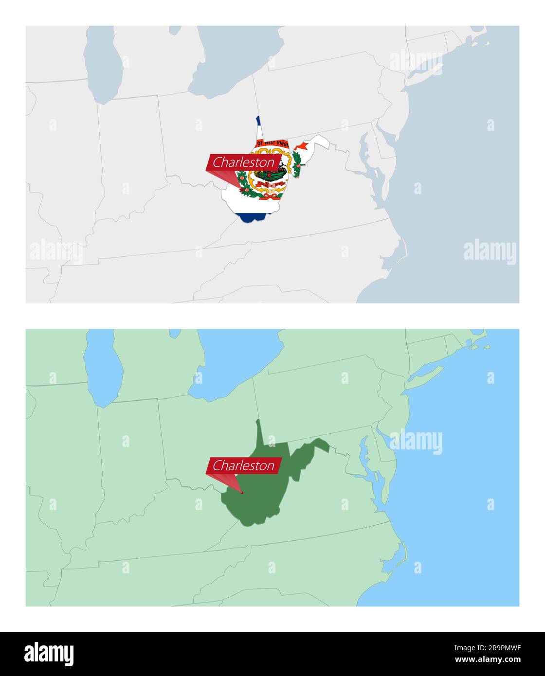 Mapa de Virginia Occidental con pin de la capital del país. Dos tipos