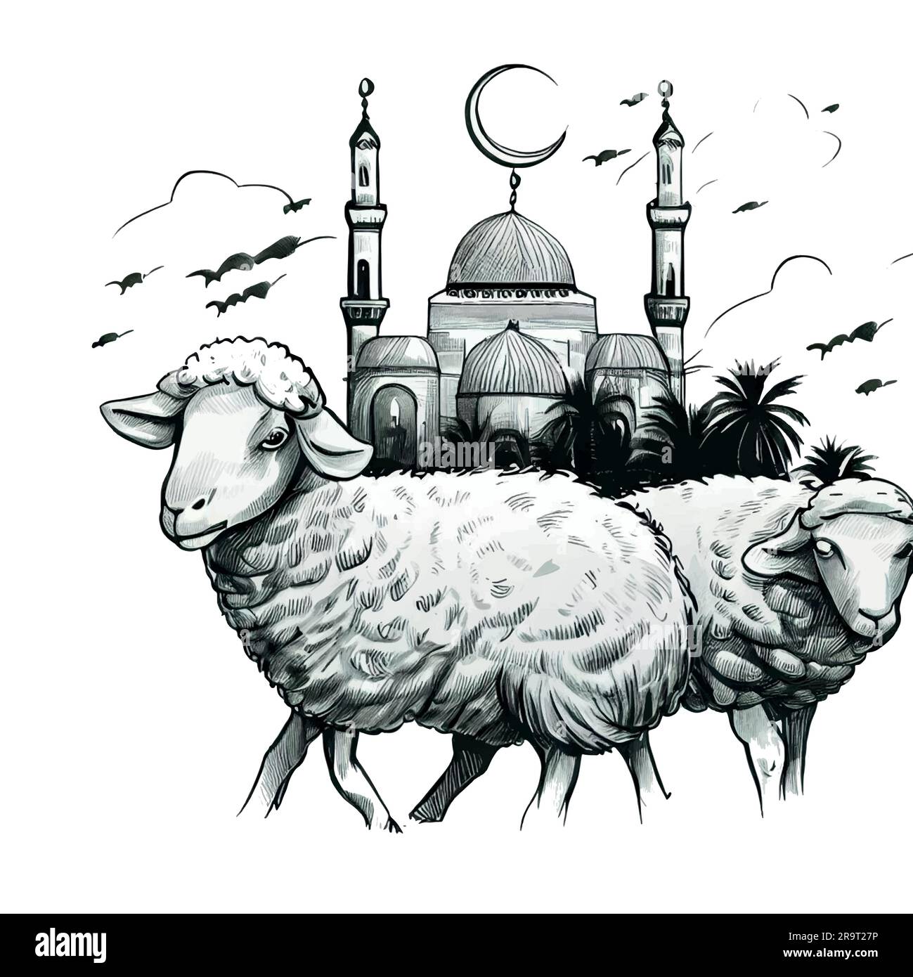 ilustración de la mezquita con ovejas o cabras Ilustración del Vector