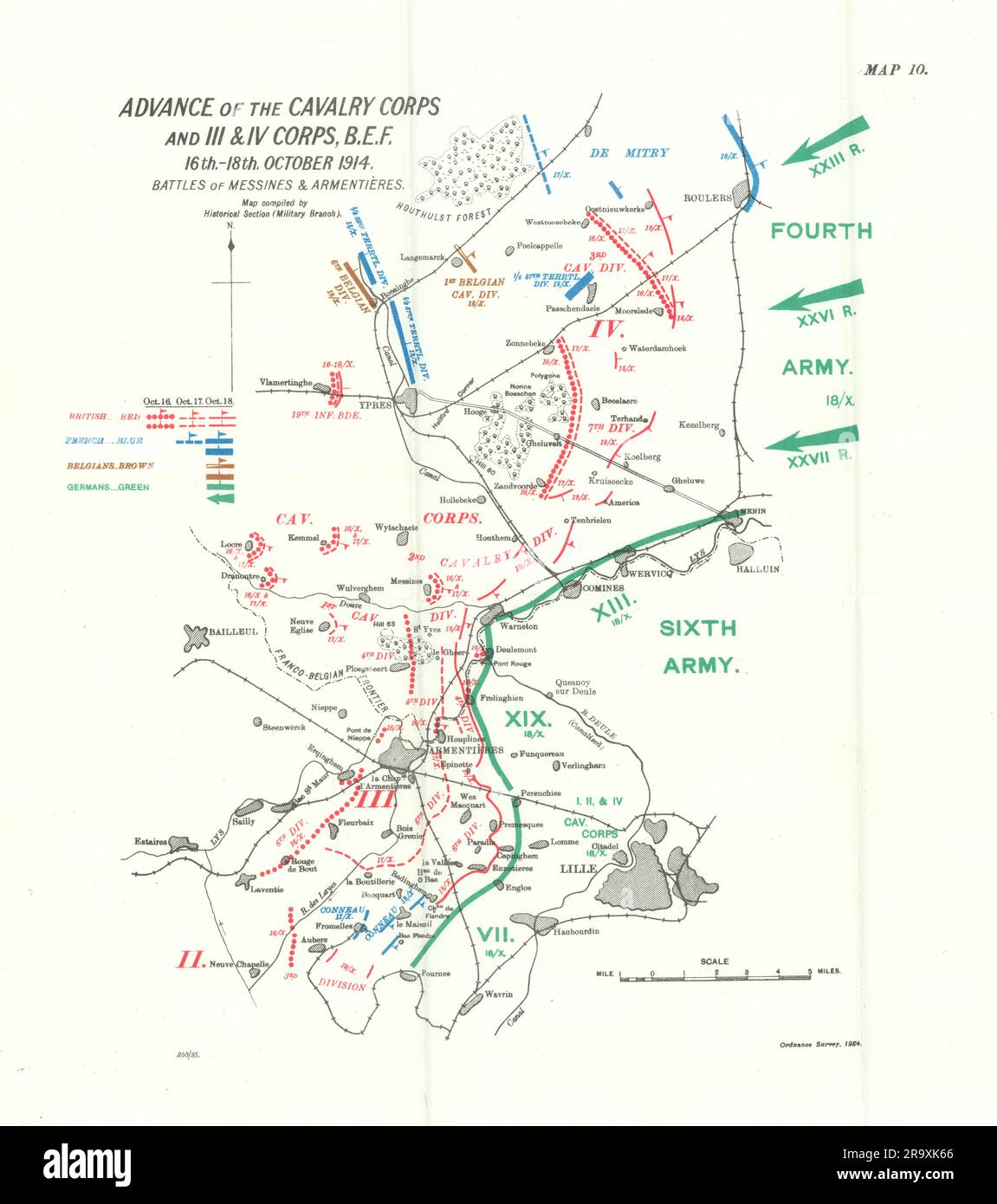 Batallas de Messines y Armentières. Avance 16- 18 de octubre de 1914. WW1. mapa 1933 Foto de stock