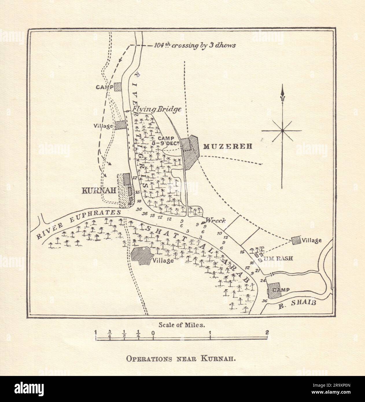 Batalla de Qurnah, diciembre de 1914. Kurnah. Campaña mesopotámica. Irak 1920 mapa Foto de stock