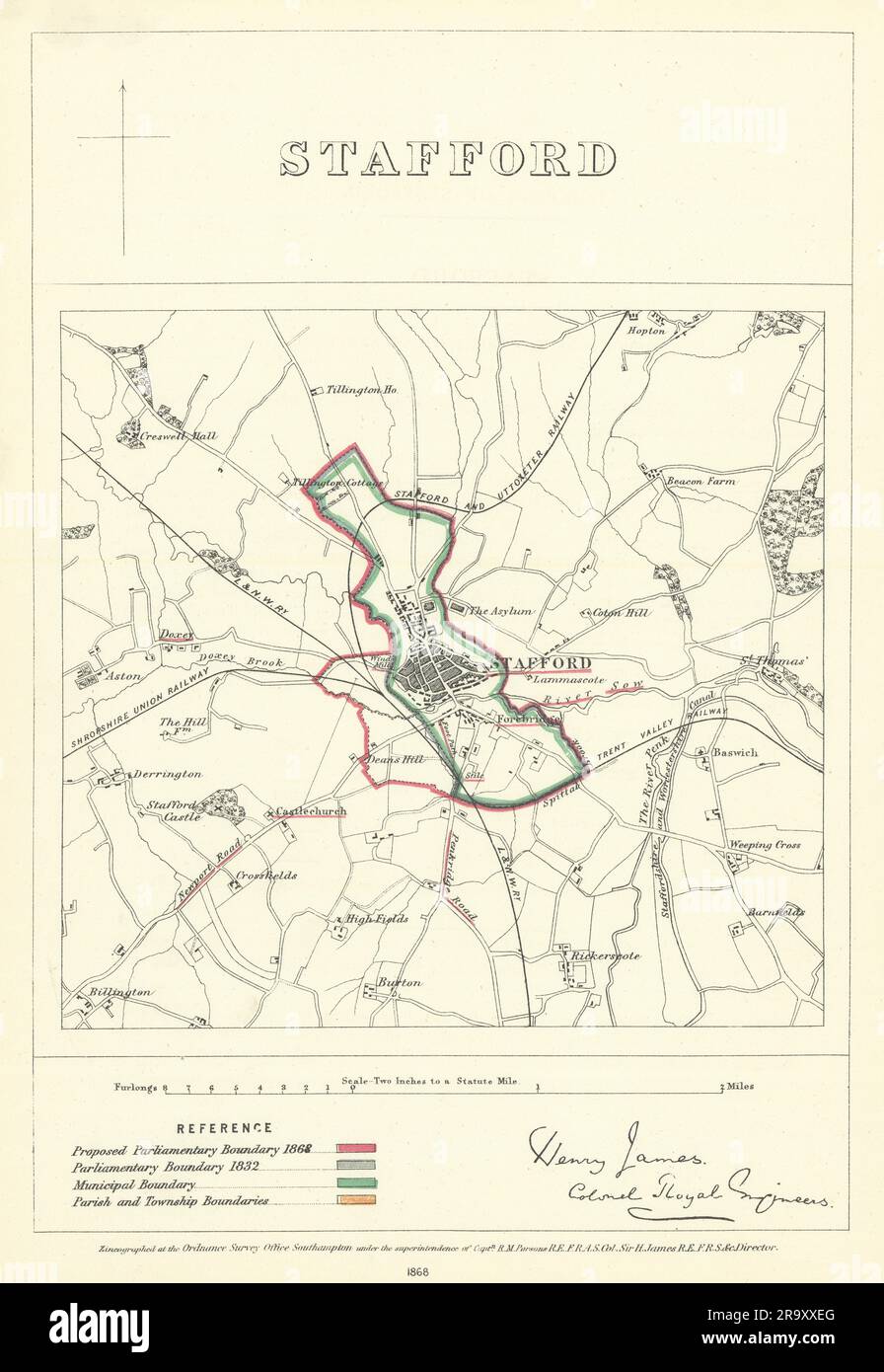Stafford, Staffordshire. JAMES. Comisión de Límites Parlamentarios 1868 mapa antiguo Foto de stock