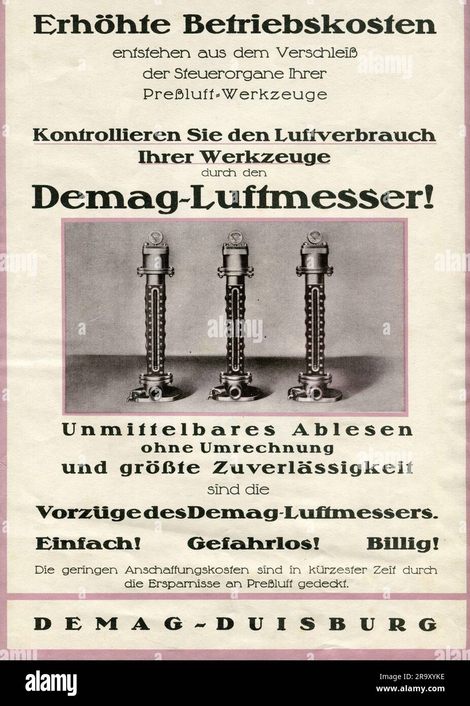 Publicidad, herramienta, medidor de aire comprimido de DEMAG, Duisburg, anuncio, años veinte, ADDITIONAL-RIGHTS-CLEARANCE-INFO-NOT-AVAILABLE Foto de stock