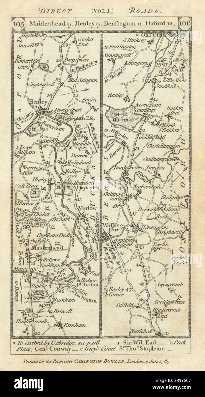 Maidenhead-Marlow-Henley-Dorchester-Oxford road strip map PATERSON 1785 Foto de stock