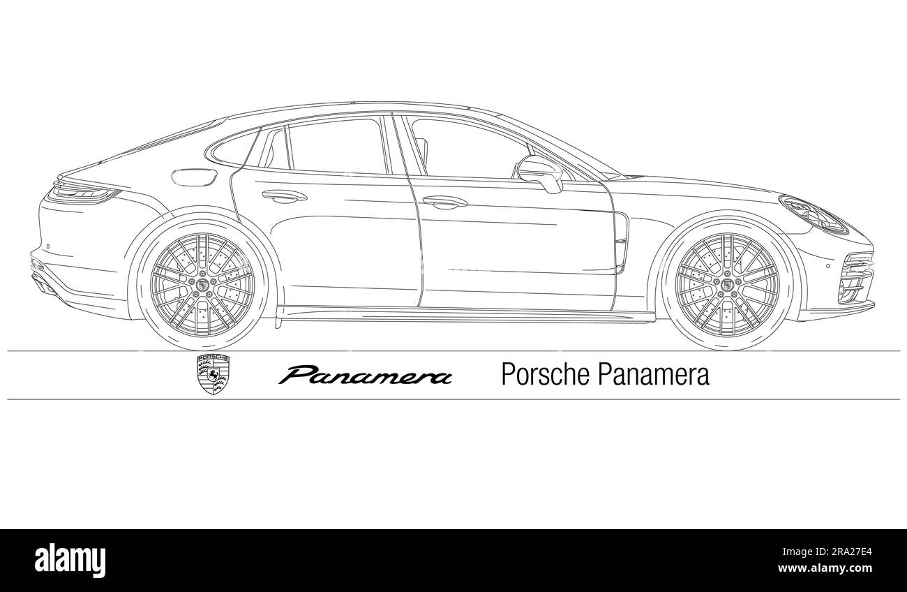 Alemania, año 2009, Porsche Panamera super coche, silueta esbozada, ilustración vectorial Foto de stock