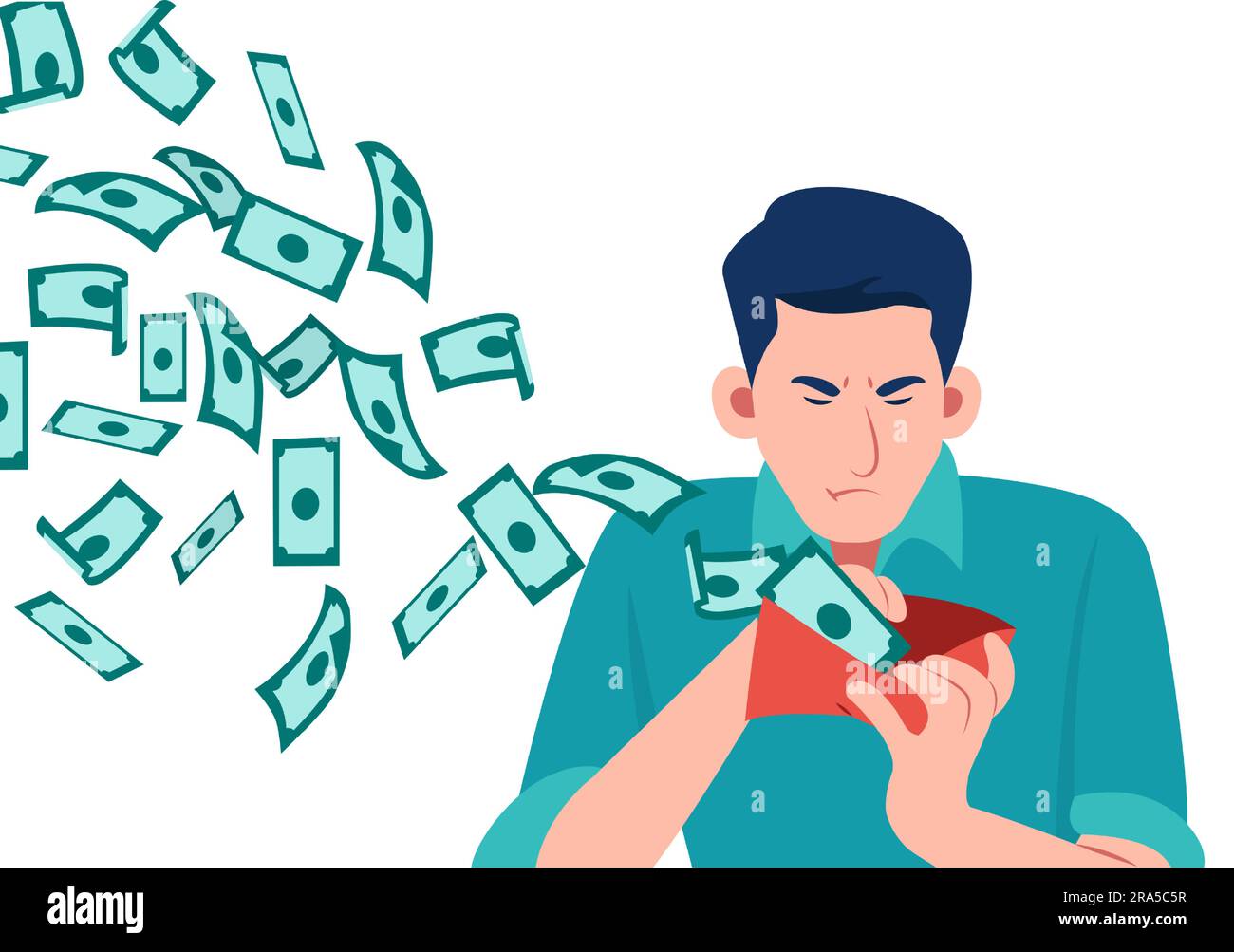 Vector de un hombre triste mirando su billetera con billetes de dólar de dinero volando lejos Ilustración del Vector