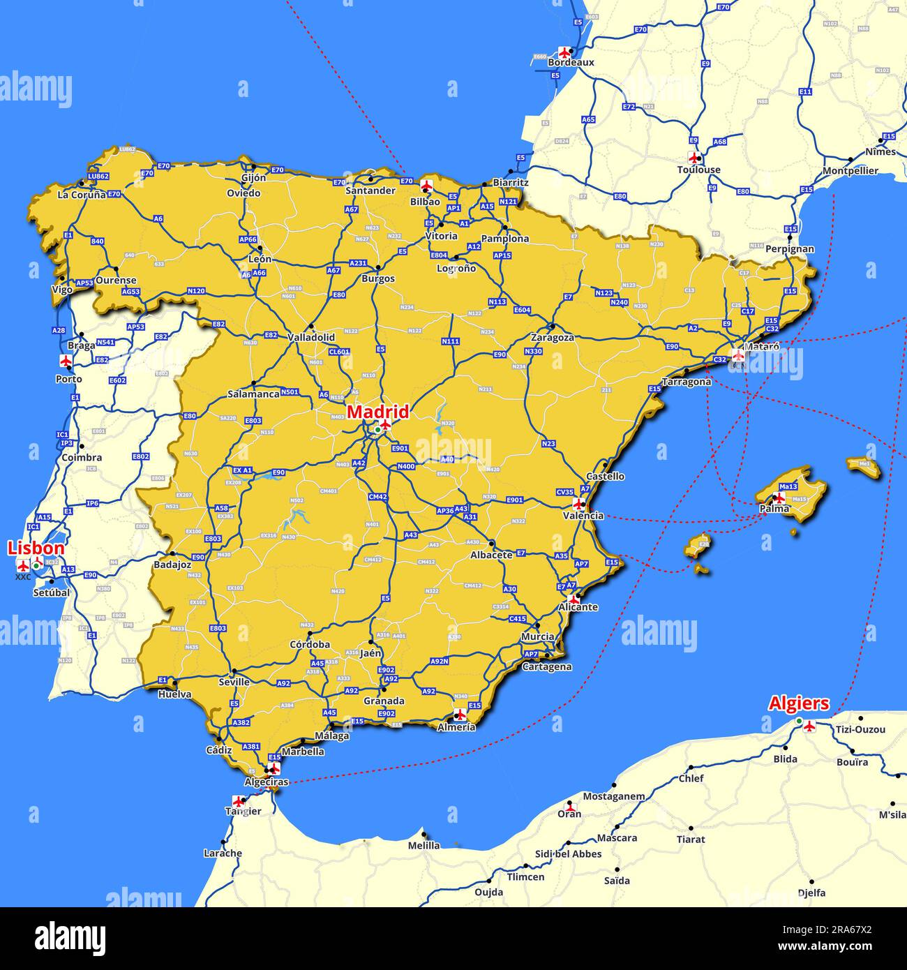 Mapa de España con carreteras principales y autopistas Fotografía de stock  - Alamy