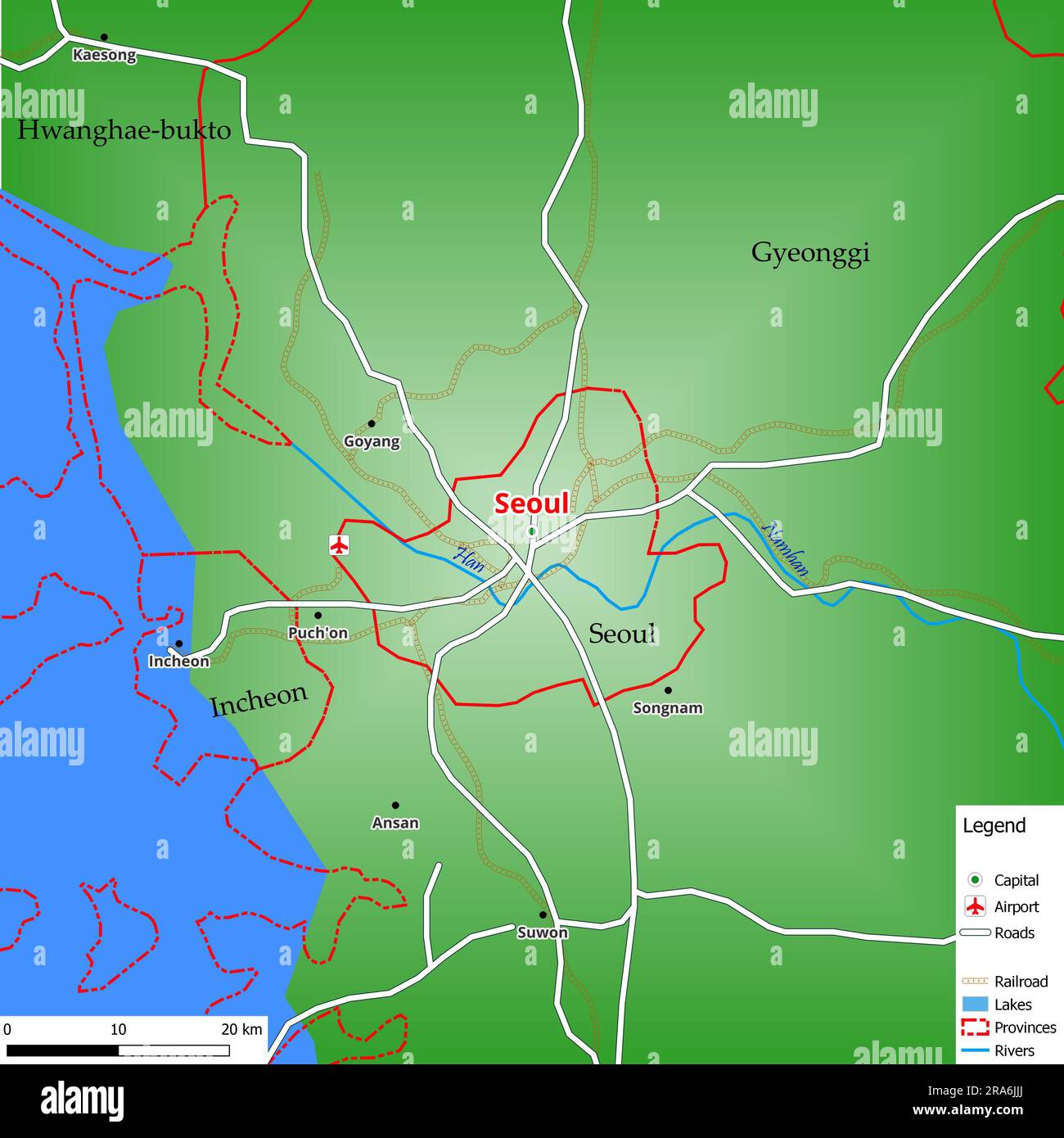 Mapa de la ciudad capital de Seúl con las principales calles, ríos