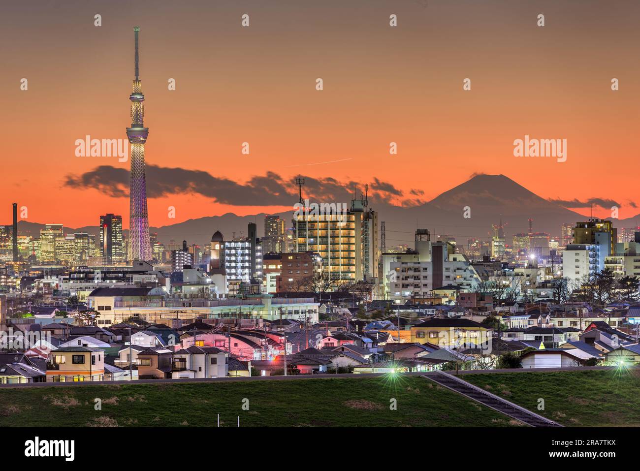 Horizonte de Tokio, Japón con Mt. Fuji y famosas torres al atardecer. Foto de stock