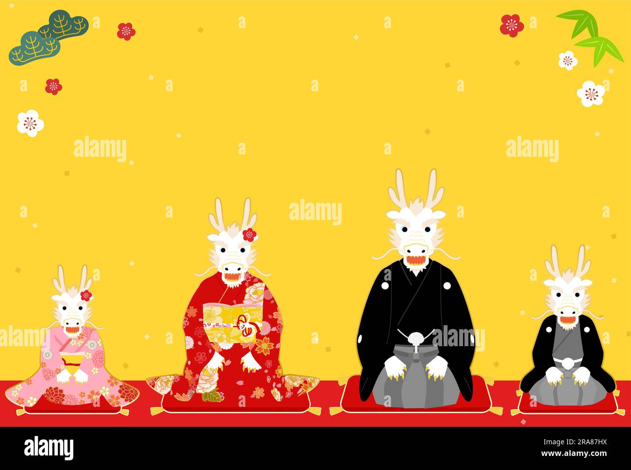 Tarjeta de Año Nuevo japonés para el año del dragón en 2024, familia de