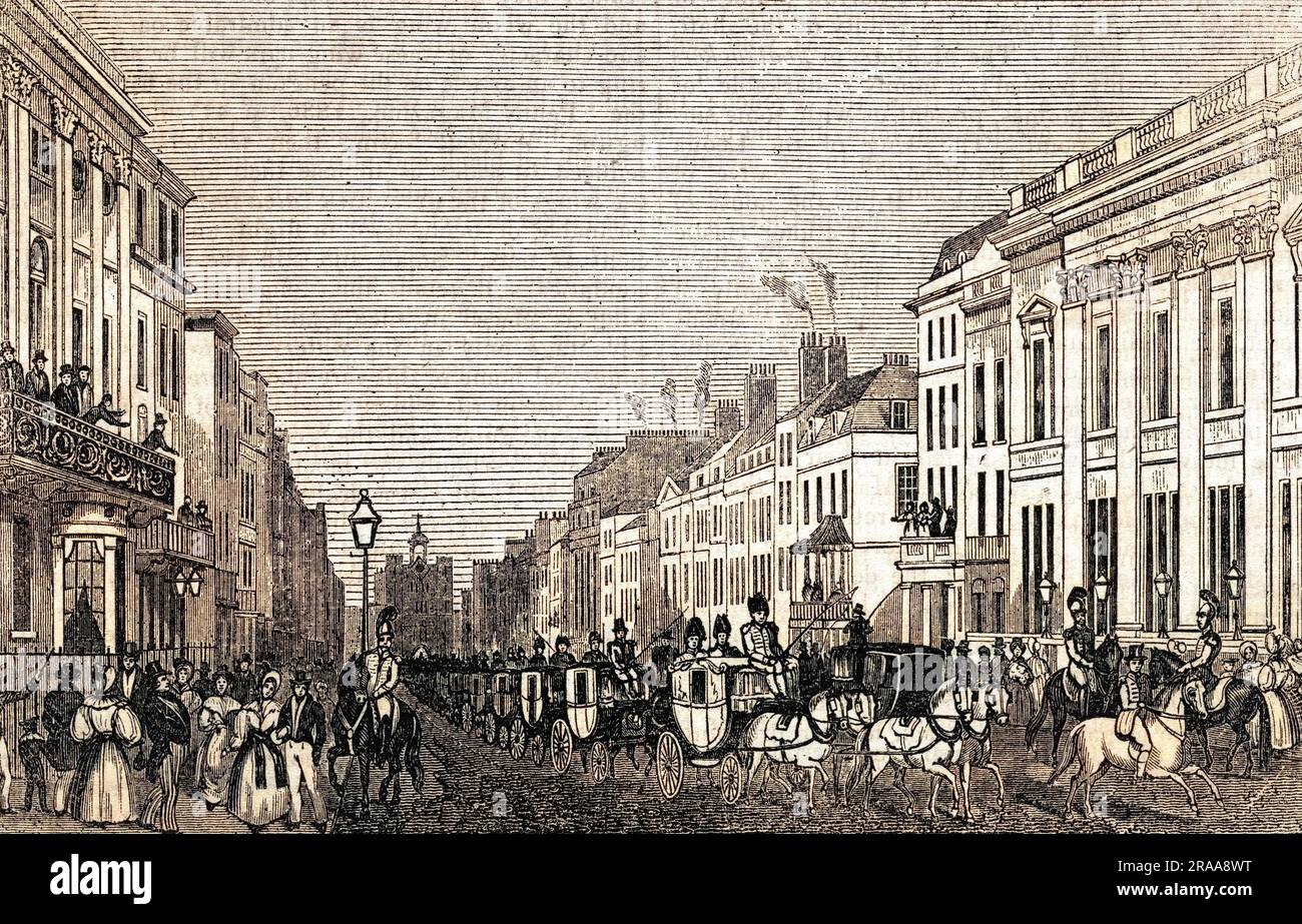 Vista de la calle con motivo de una 'habitación de descanso' en el St James's Palace - distinguidos huéspedes que llegan en sus autobuses. Fecha: 1837 Foto de stock