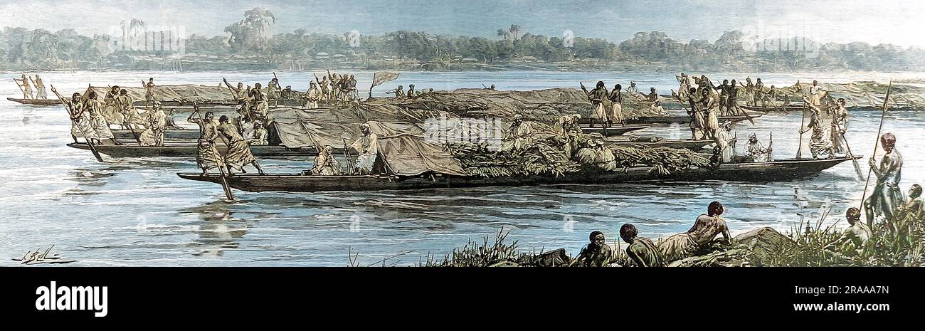 Tippoo Tib grandes canoas viajando por el río Congo durante la Expedición de Socorro Emin Pasha de Sir Henry Morton Stanley, 1888. Emin Pasha (1840-1892), el doctor, explorador, lingüista y gobernador alemán de la provincia ecuatorial egipcia se había retirado a Wadelai, cerca del lago Albert, con 10.000 seguidores durante el levantamiento de Mahdi. Aislado de toda comunicación Emin Pasha fue considerado perdido, así que el gobierno británico envió un partido de rescate dirigido por H.M. Stanley (1841-1904). Stanley reclutó la ayuda del Tibboo Tib, un guerrero árabe-africano, aventurero y asesino, como uno de los más pobres Foto de stock