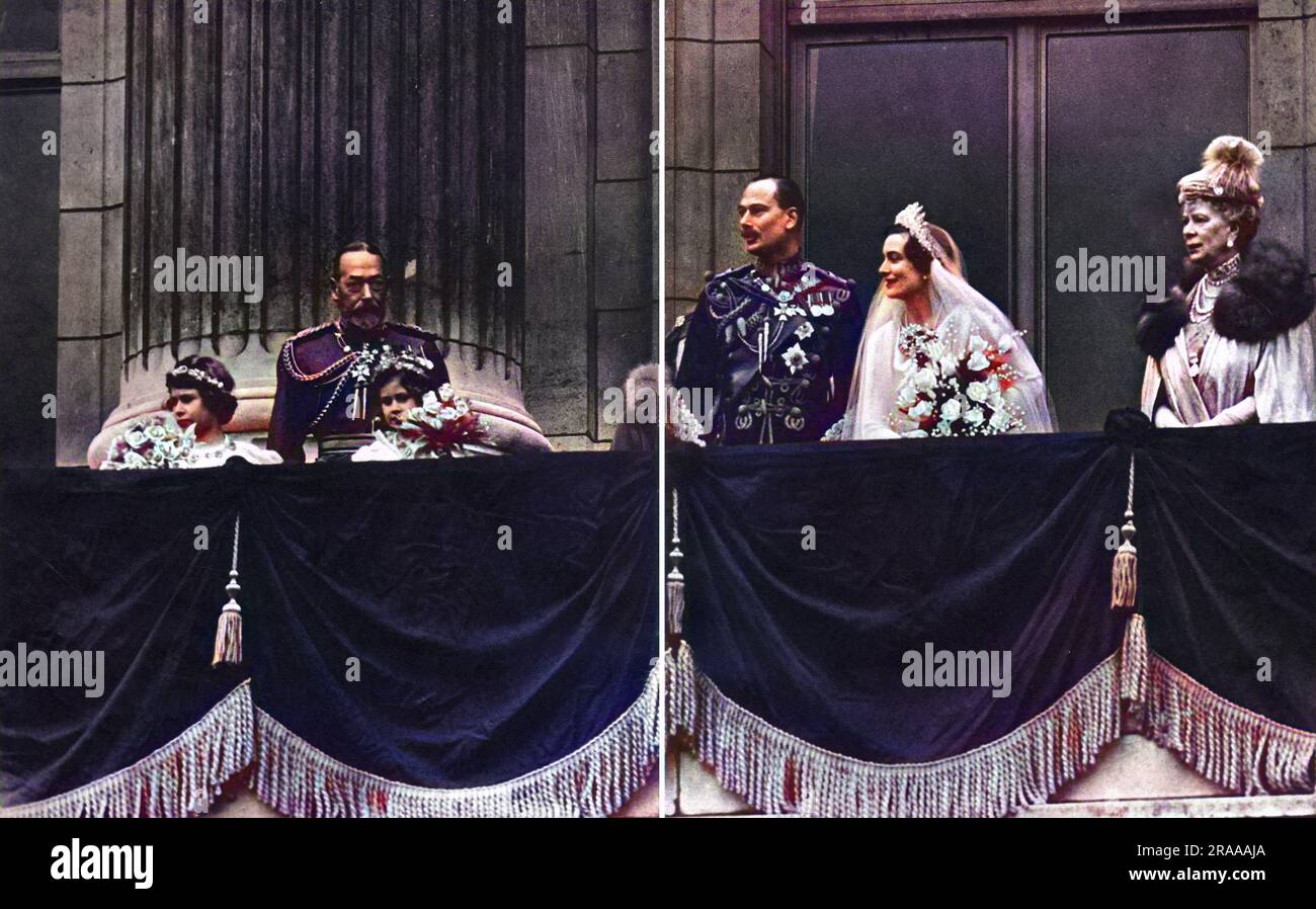 El duque y la duquesa de Gloucester (más tarde, la princesa Alice 1901-2004) en el balcón agitando a las multitudes fuera del Palacio de Buckingham después de su boda el 6th 1935 de noviembre. De izquierda a derecha; la Princesa Isabel, el Rey Jorge V, la Princesa Margarita, la Princesa Real, El duque y la duquesa de Gloucester y la reina. Fecha: 6th de noviembre de 1935 Foto de stock