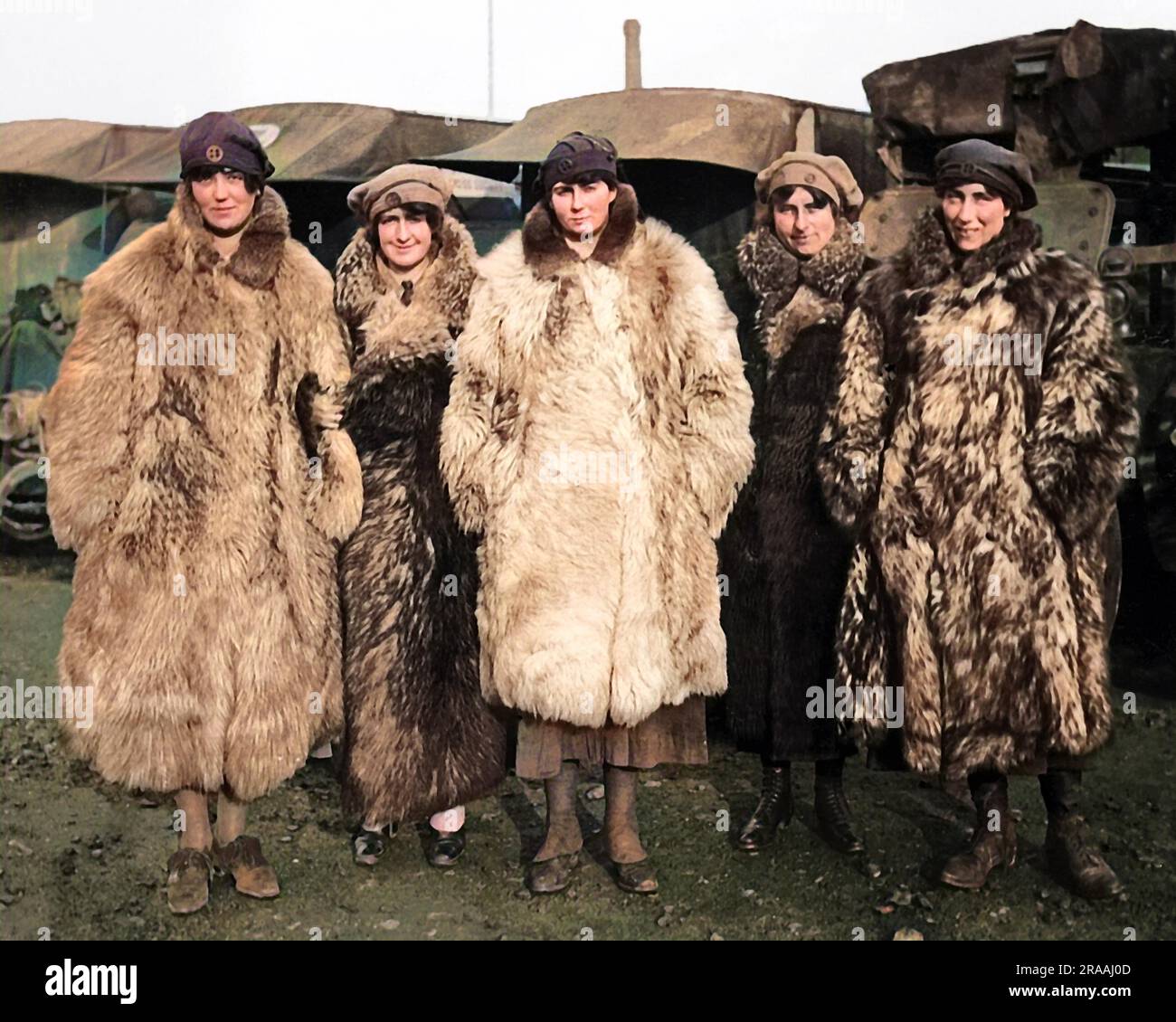 Cinco mujeres conductoras de la Yeomanry de Enfermería de Primeros Auxilios (FANY) con abrigos de piel en el frente occidental durante la Primera Guerra Mundial. Fecha: Circa 1916 Foto de stock