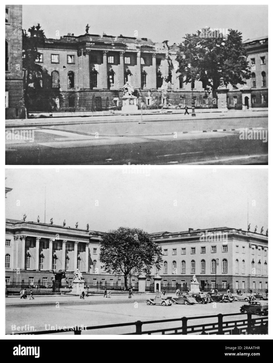 Fotos antiguas de la Universidad de Berlín de los años treinta y arruinado de este edificio después de WW2 en 1945. Foto de stock
