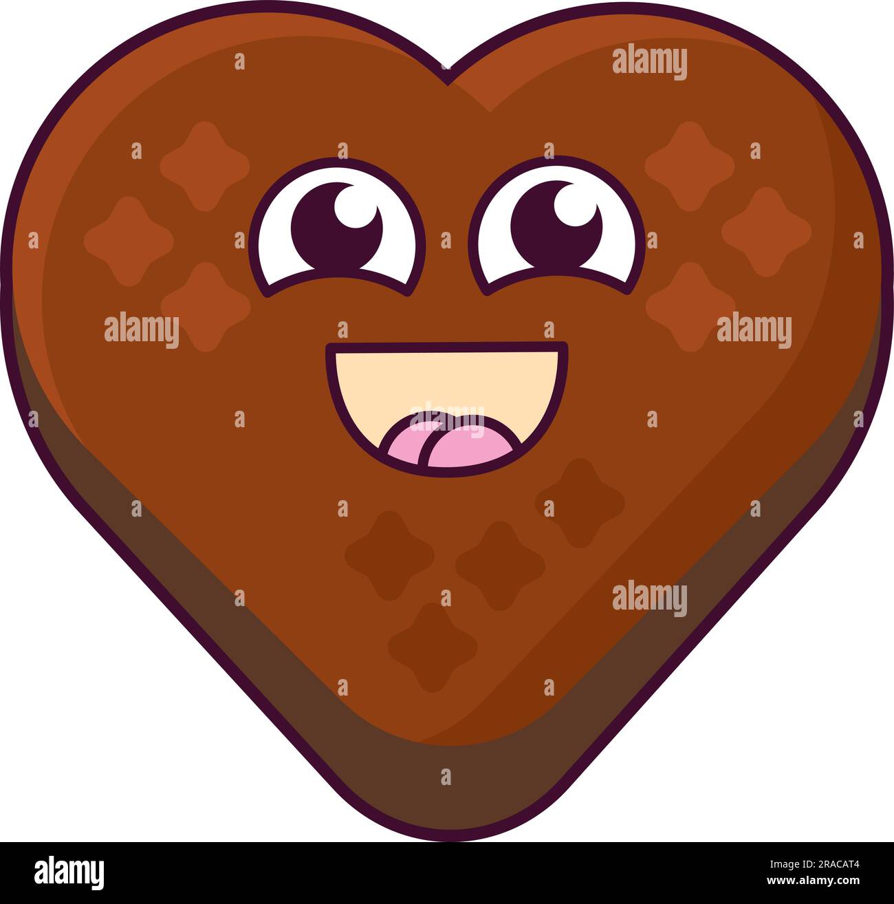 Dulce corazón en forma de caramelo de chocolate carácter sonriente. Alegre mascota de las vacaciones de los niños y la fiesta del té. Icono de vector plano de color simple aislado en w Ilustración del Vector