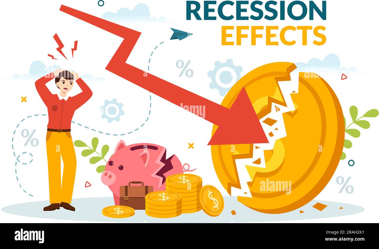 Efectos de recesión Ilustración vectorial con impacto en el crecimiento económico y la disminución de la actividad económica resultan en plantillas dibujadas a mano de dibujos animados planos Ilustración del Vector