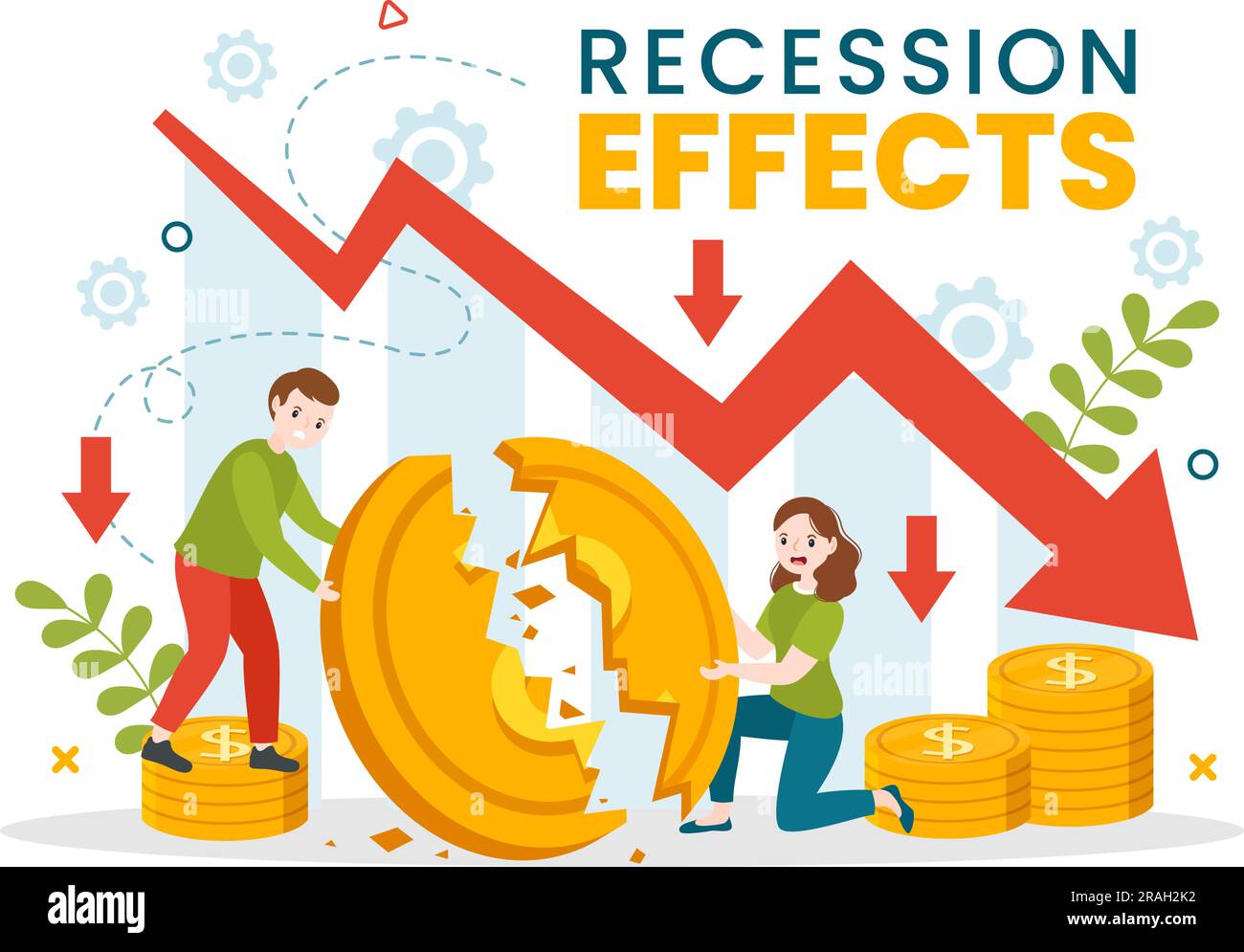 Efectos de recesión Ilustración vectorial con impacto en el crecimiento económico y la disminución de la actividad económica resultan en plantillas dibujadas a mano de dibujos animados planos Ilustración del Vector