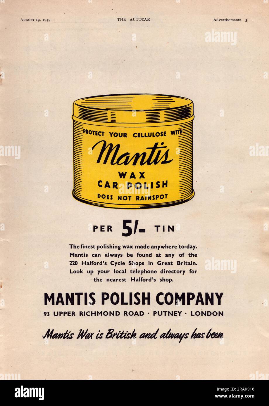 Mantis Polish Comany Cera coche Polisproteja su celulosa con Mantis car cera polish viejo anuncio de la vendimia de una revista de coches del Reino Unido 1949 Foto de stock