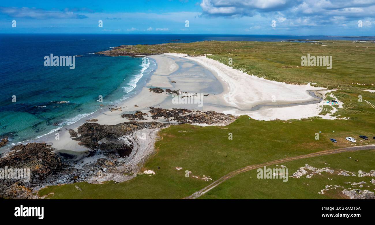 Vista panorámica aérea de la playa de Balevullin Bay, Isla de Tiree, Hébridas interiores, Escocia. Foto de stock