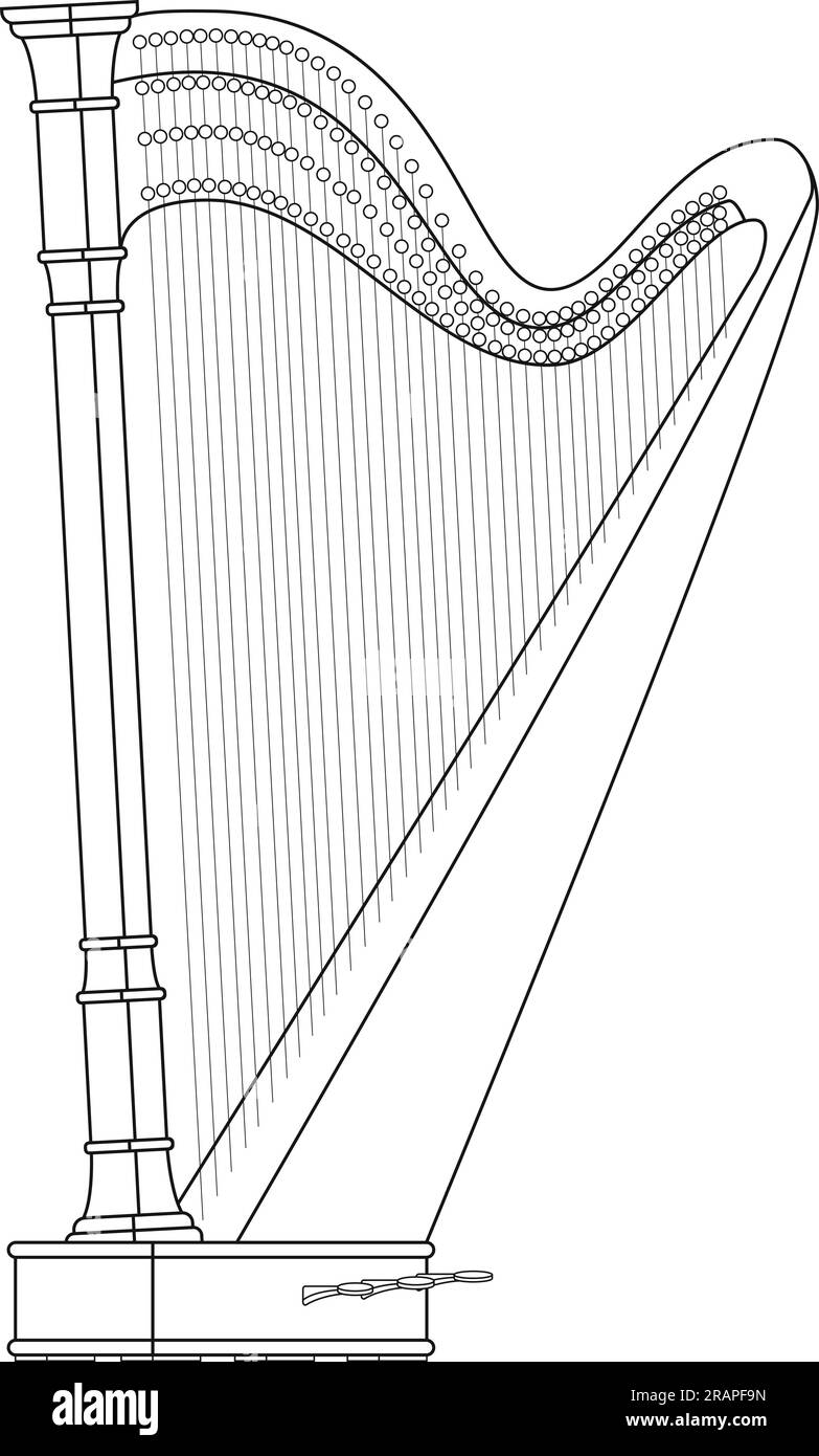 Ilustración vectorial de dibujos animados para colorear fácil de un arpa aislado sobre fondo blanco Ilustración del Vector