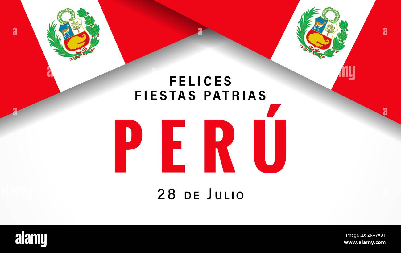 Banner de Felices Fiestas Patrias Perú con banderas. Traducción del español Feliz Día Nacional