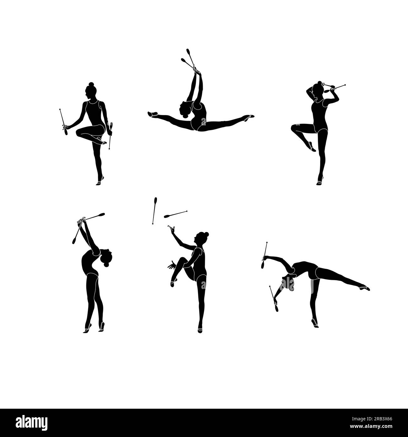 Set niña gimnasia rítmica silueta vector ilustración. Gimnasia de